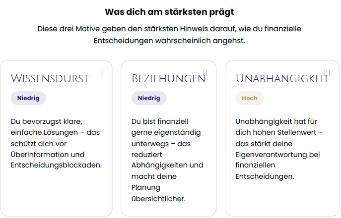 Beispiel-Auswertung: drei Motive mit der Einstufung hoch oder niedrig und je einer kurzen Erklärung