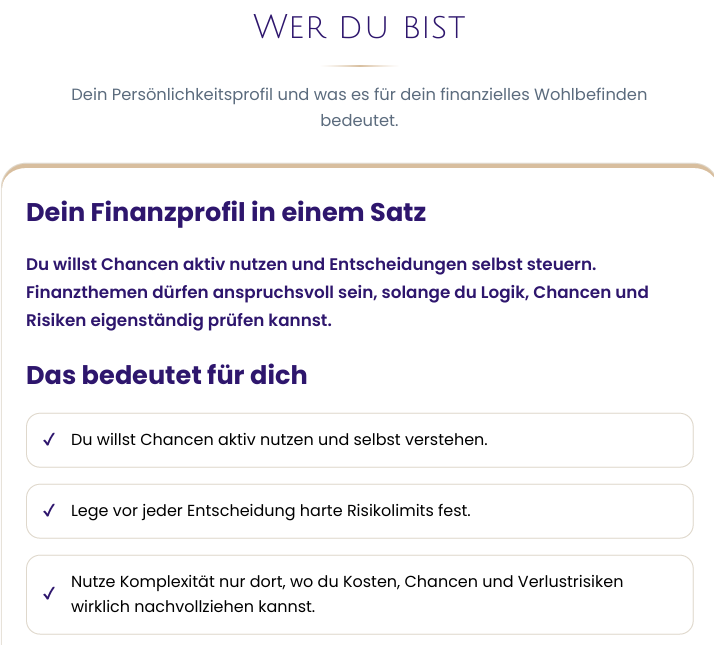 Beispiel-Auswertung, Abschnitt Wer du bist: das Finanzprofil in einem Satz und drei Hinweise dazu
