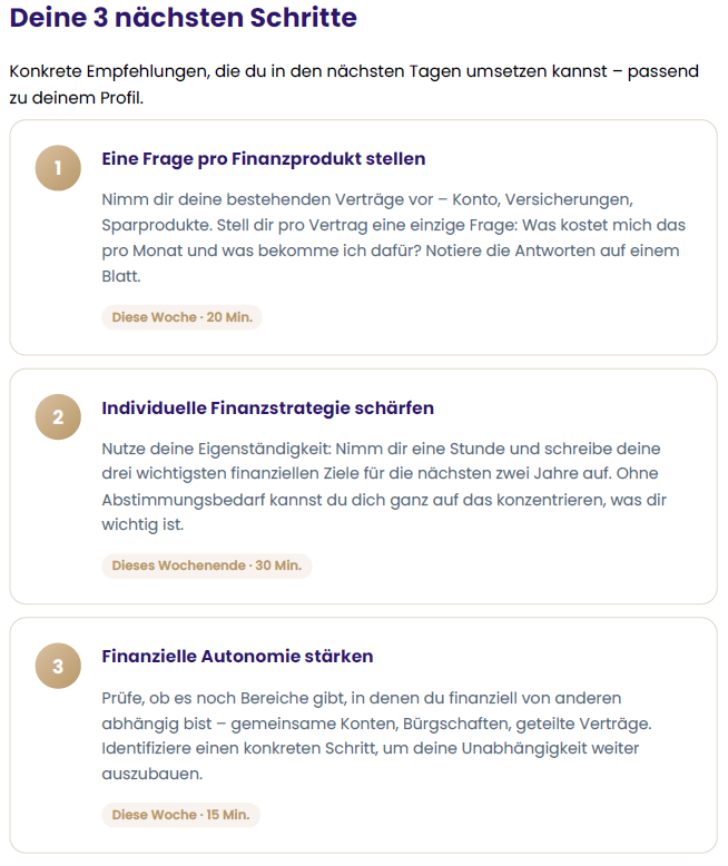 Beispiel-Auswertung: Deine 3 nächsten Schritte, jeder mit Zeitpunkt und Dauer zwischen 15 und 30 Minuten