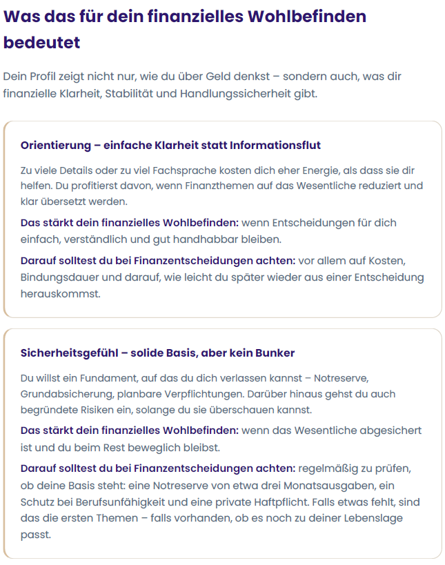 Beispiel-Auswertung: was die Motive Orientierung und Sicherheitsgefühl für das finanzielle Wohlbefinden bedeuten
